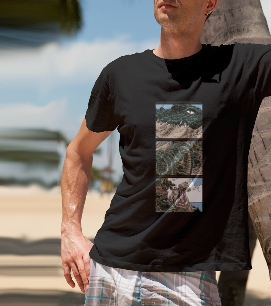 The Longest Johns Store Ends Of The Earth UK Tour Black Crocodile And Dinosaur Comic Strip T-Shirt
