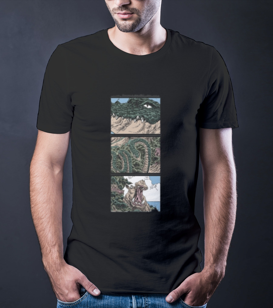 The Longest Johns Store Ends Of The Earth UK Tour Black Crocodile And Dinosaur Comic Strip T-Shirt
