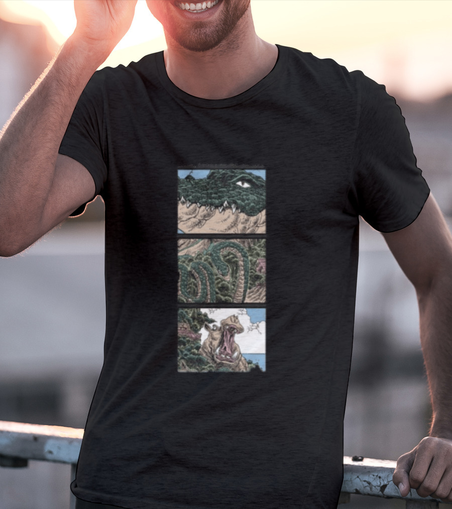 The Longest Johns Store Ends Of The Earth UK Tour Black Crocodile And Dinosaur Comic Strip T-Shirt