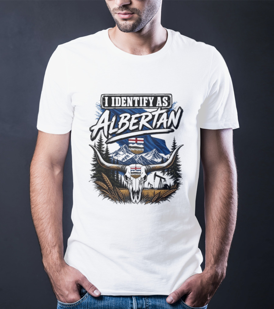 I Identify As Albertan Alberta Flag Longhorn Skull Wheat Forest Scene T-Shirt