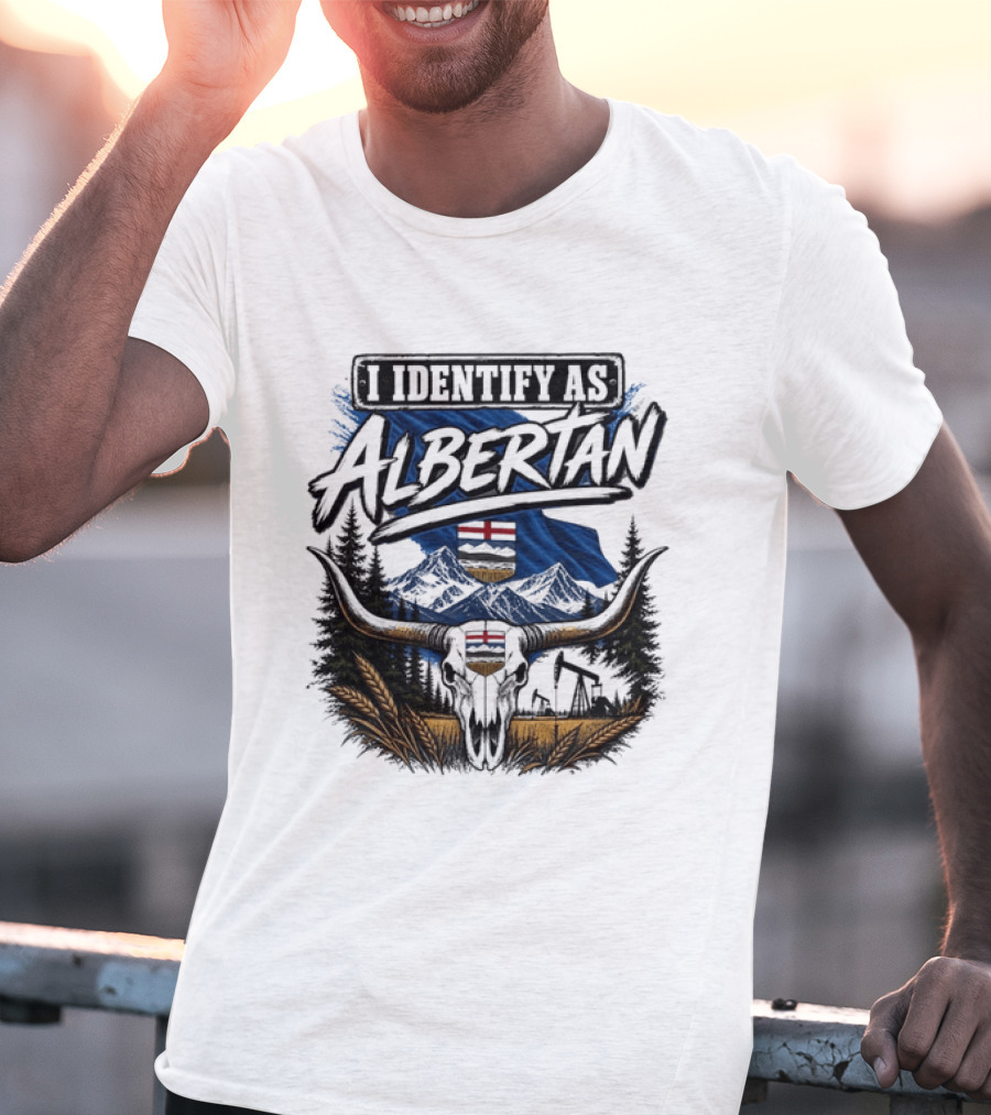 I Identify As Albertan Alberta Flag Longhorn Skull Wheat Forest Scene T-Shirt