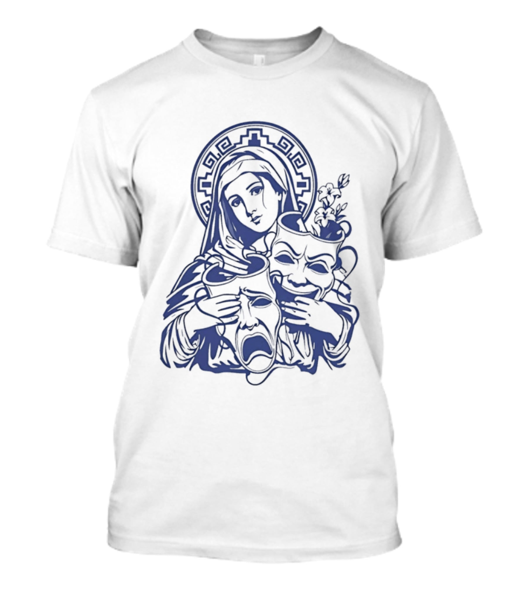 Virgin Mary Pray For Us Cry Now Laugh Later Drama Mask Tattoo T-Shirt