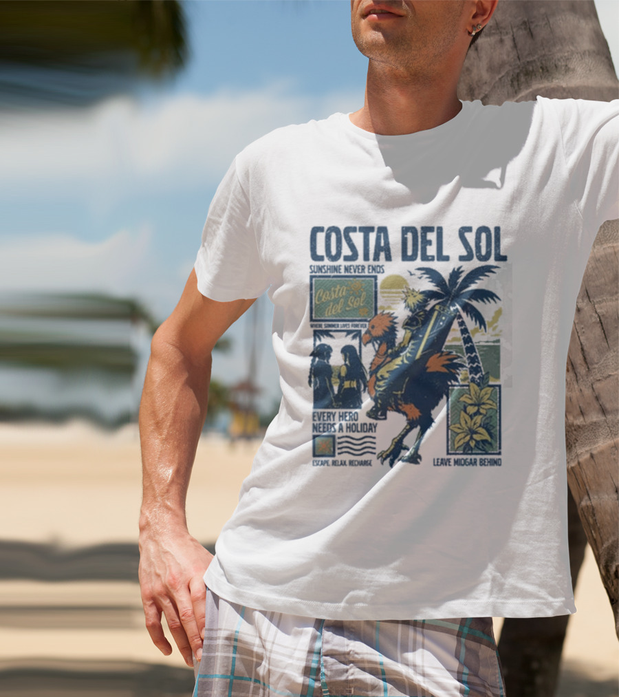 Costa Del Sol Final Fantasy Chocobo Beach Scene Palm Trees T-Shirt