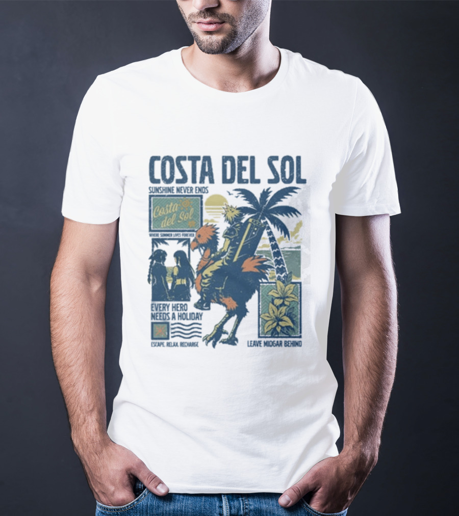 Costa Del Sol Final Fantasy Chocobo Beach Scene Palm Trees T-Shirt