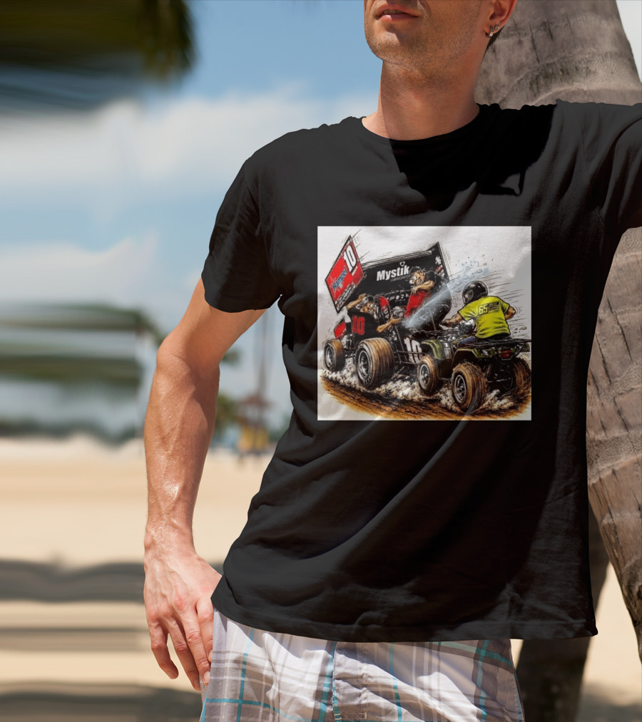 ATV Racing Action With Mystik Lubricants Dirt Track Riders Off Road Racing Vehicles And Hampel 65 Speed Shop T-Shirt