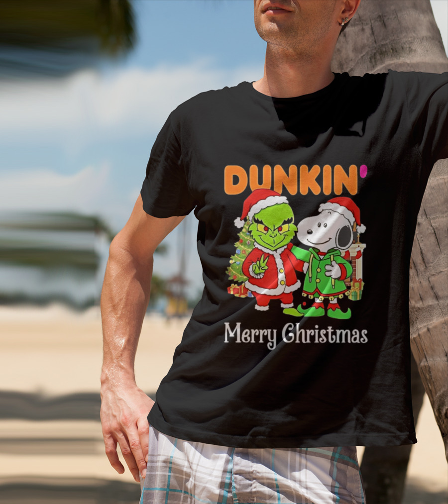 Dunkin Merry Christmas Grinch Snoopy Santas T-Shirt