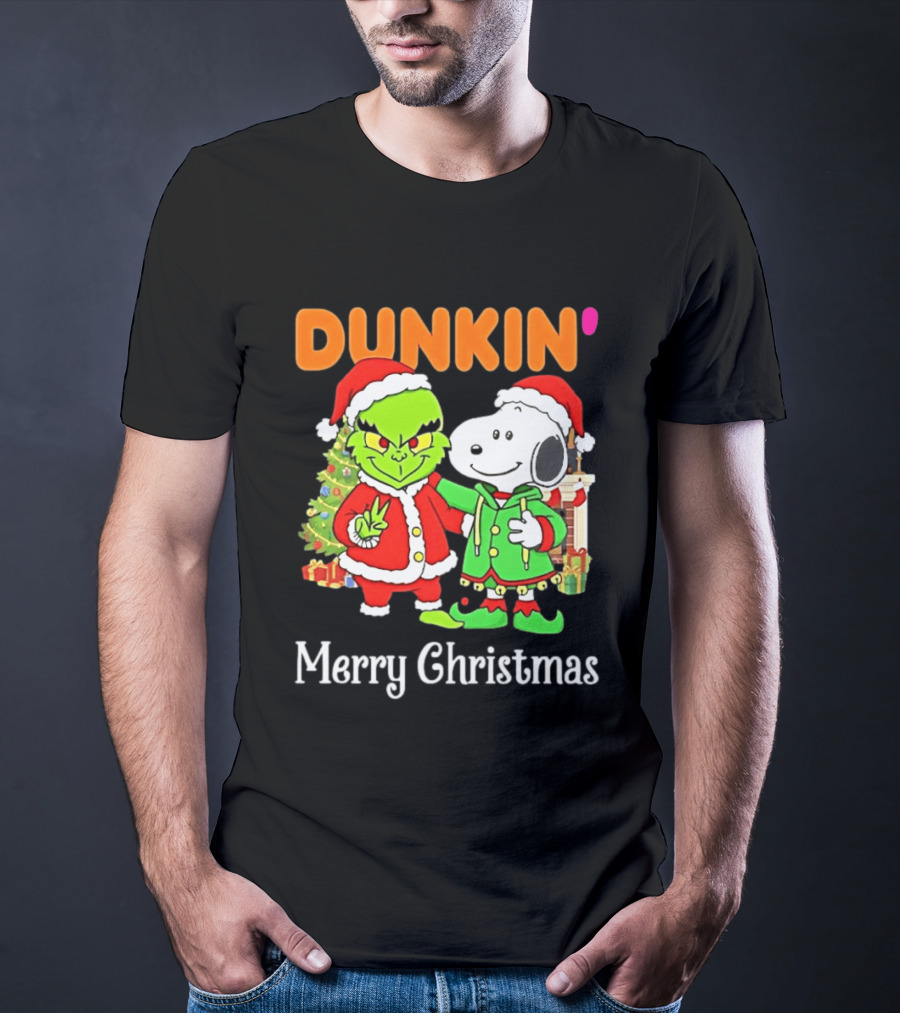 Dunkin Merry Christmas Grinch Snoopy Santas T-Shirt