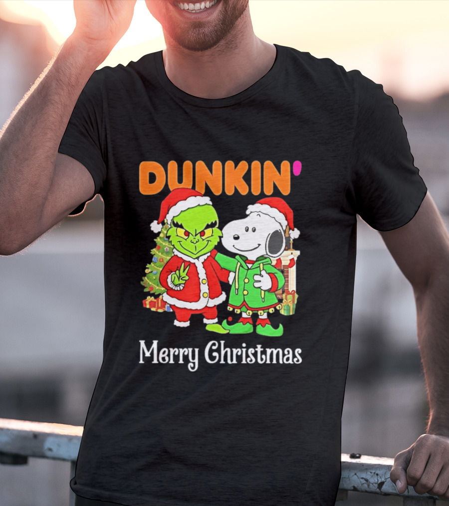 Dunkin Merry Christmas Grinch Snoopy Santas T-Shirt