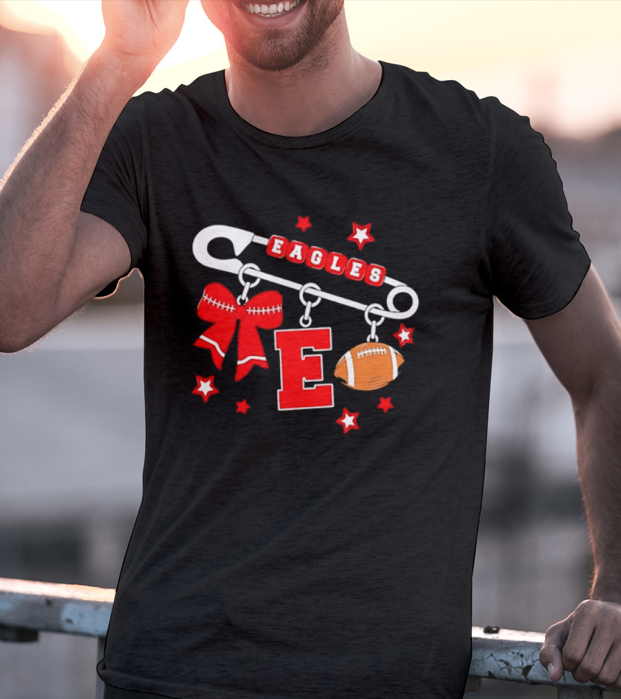 Eagles Safety Pin Charm Football Bow Letter E Stars T-Shirt