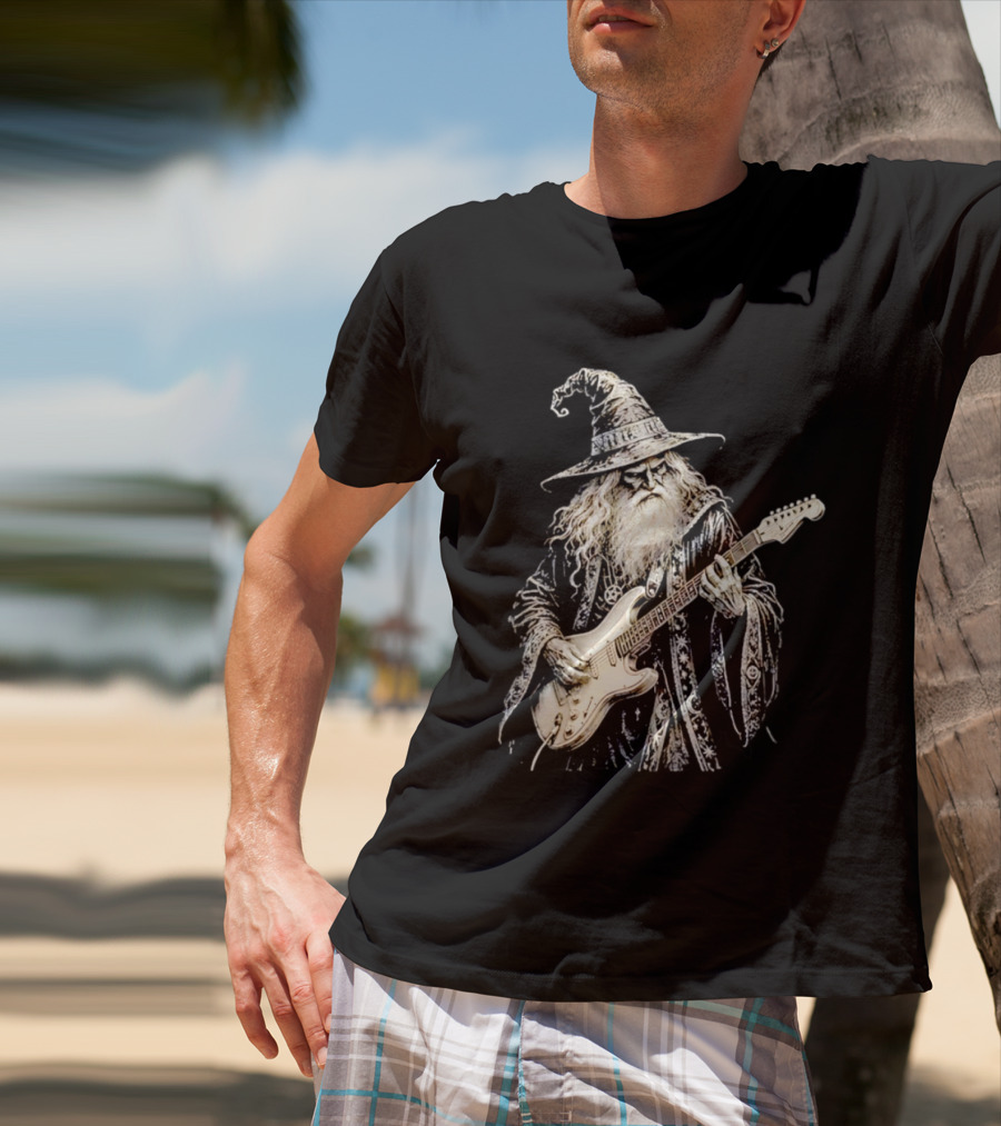 Wizard Playing Electric Guitar Fantasy Musician Magical Rock Legend T-Shirt