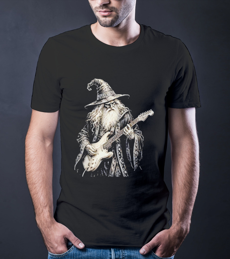 Wizard Playing Electric Guitar Fantasy Musician Magical Rock Legend T-Shirt