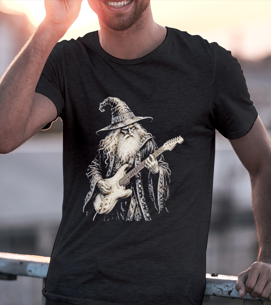 Wizard Playing Electric Guitar Fantasy Musician Magical Rock Legend T-Shirt