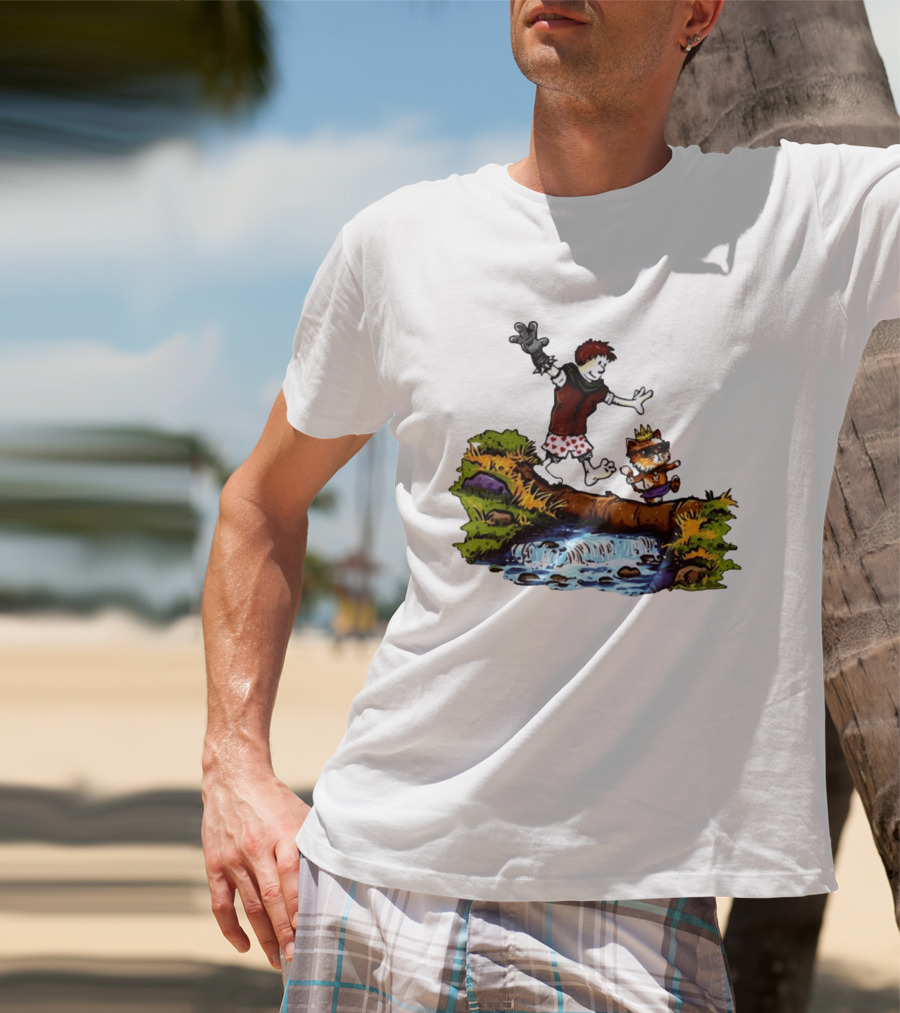 Boy And Crowned Cat Balancing On Log Over Stream T-Shirt