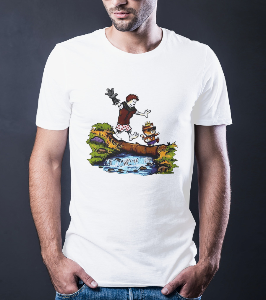 Boy And Crowned Cat Balancing On Log Over Stream T-Shirt