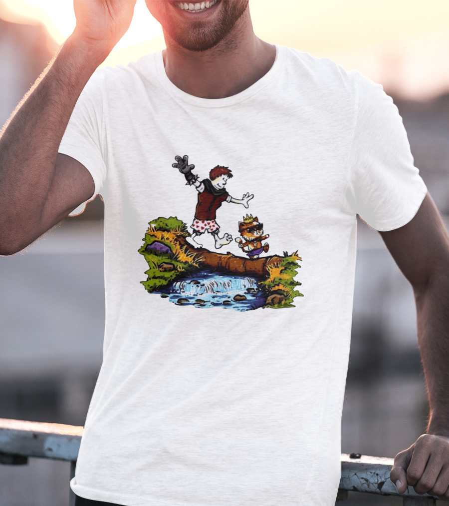 Boy And Crowned Cat Balancing On Log Over Stream T-Shirt
