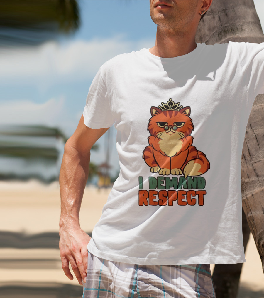 Cat With Crown I Demand Respect Pet Lover Distressed T-Shirt