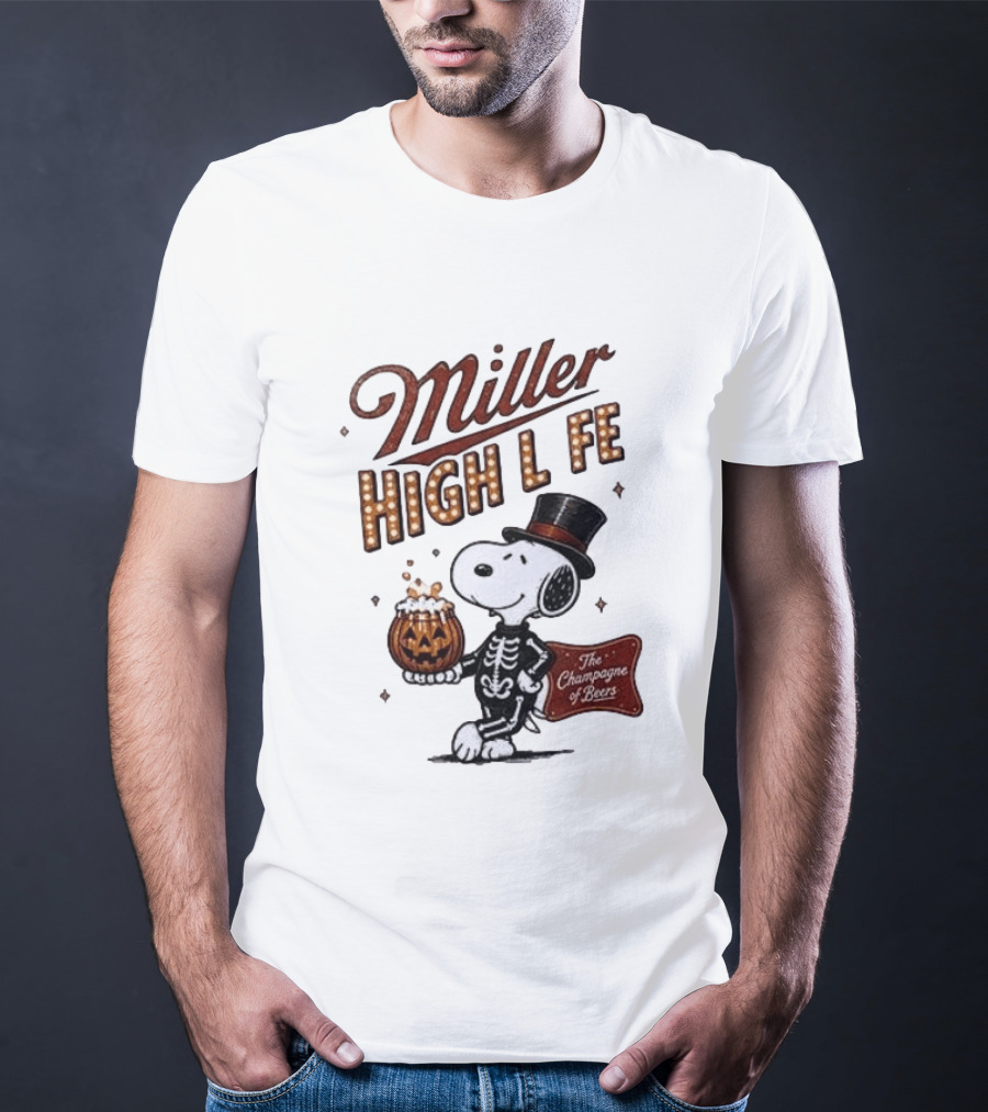 Miller High Life Snoopy Skeleton Halloween The Champagne Of Beers T-Shirt