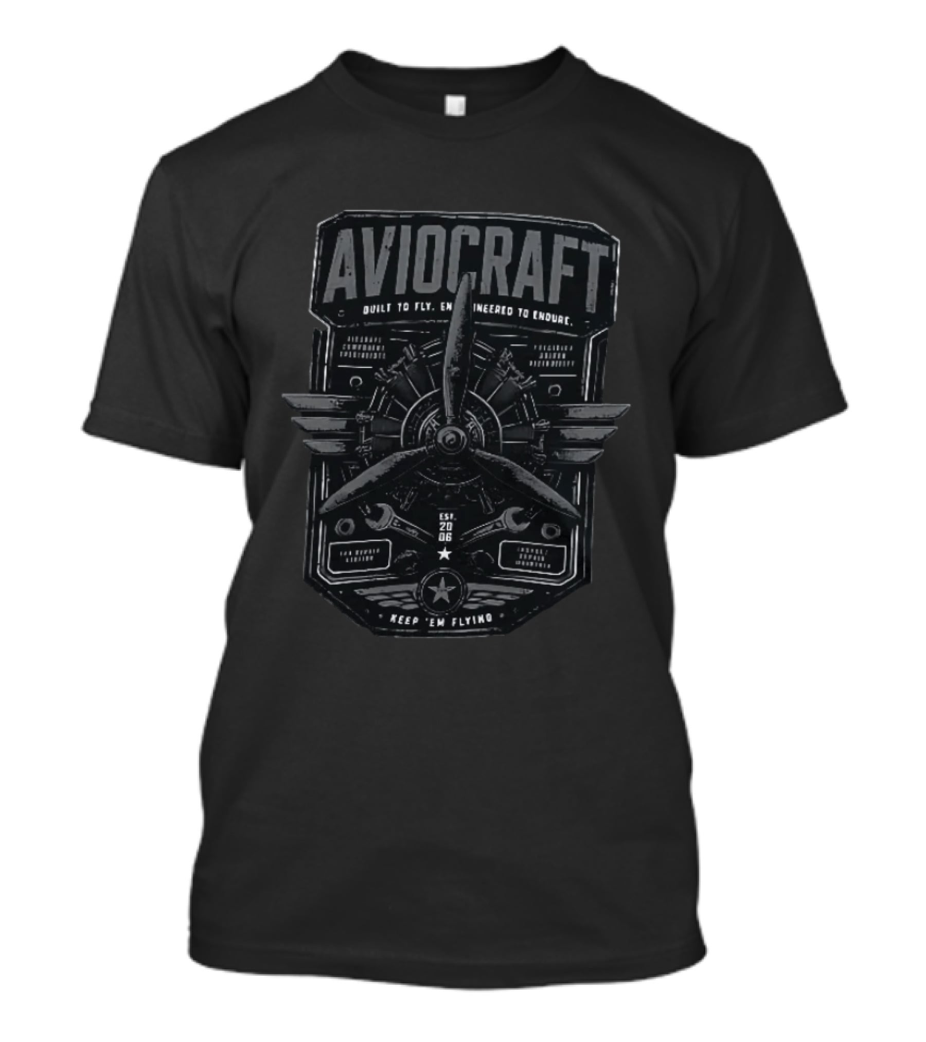 Aviocraft Built To Fly Engineered To Endure Est 20 06 Keep Em Flying Aircraft Aviation Enthusiasts Pilot Mechanic Vintage Motor Propeller Parts T-Shirt