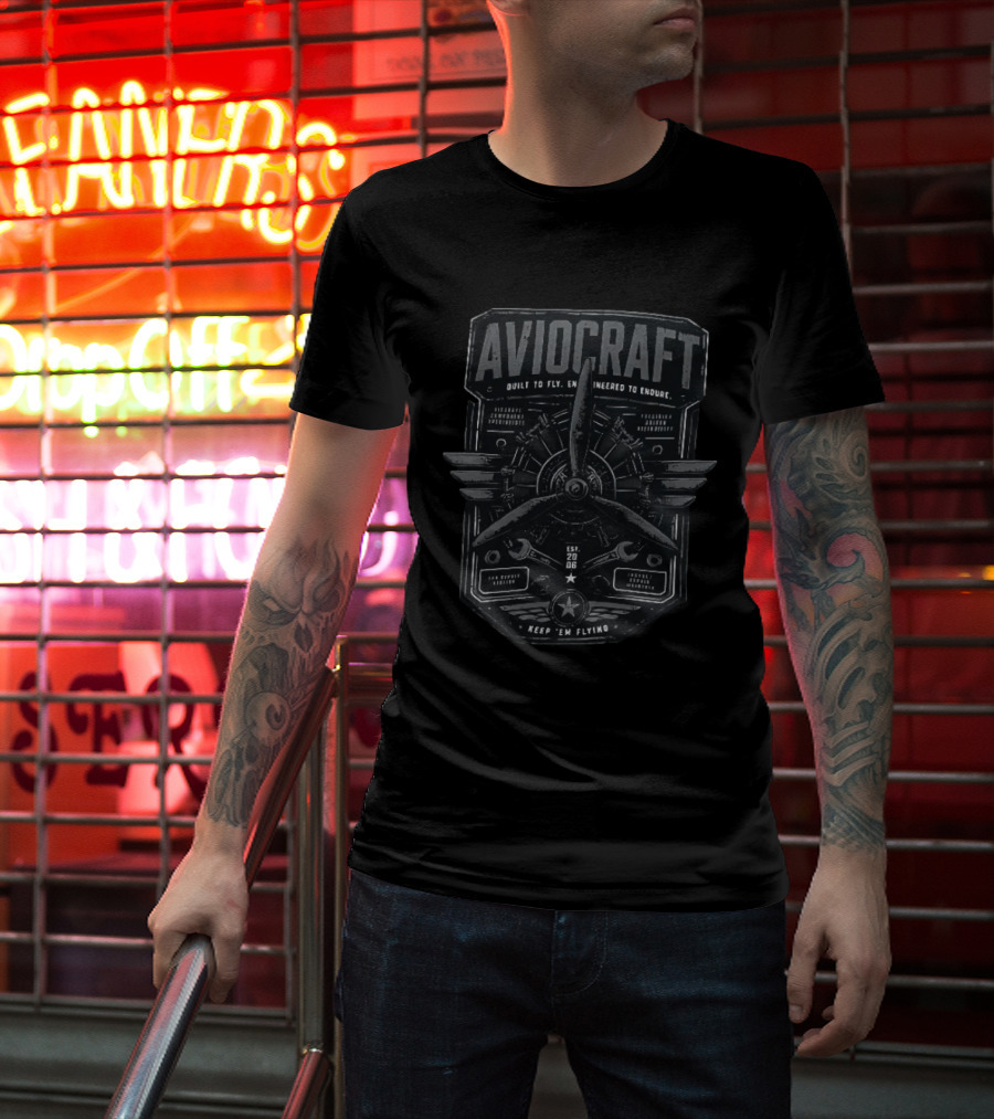 Aviocraft Built To Fly Engineered To Endure Est 20 06 Keep Em Flying Aircraft Aviation Enthusiasts Pilot Mechanic Vintage Motor Propeller Parts T-Shirt