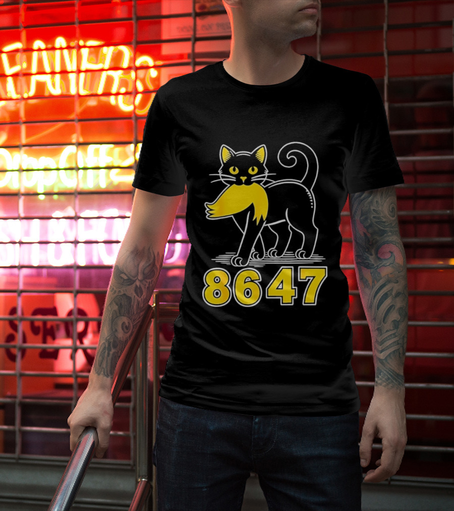 Black Cat 8647 Feline With Yellow Mustache T-Shirt