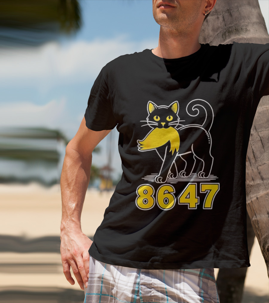 Black Cat 8647 Feline With Yellow Mustache T-Shirt