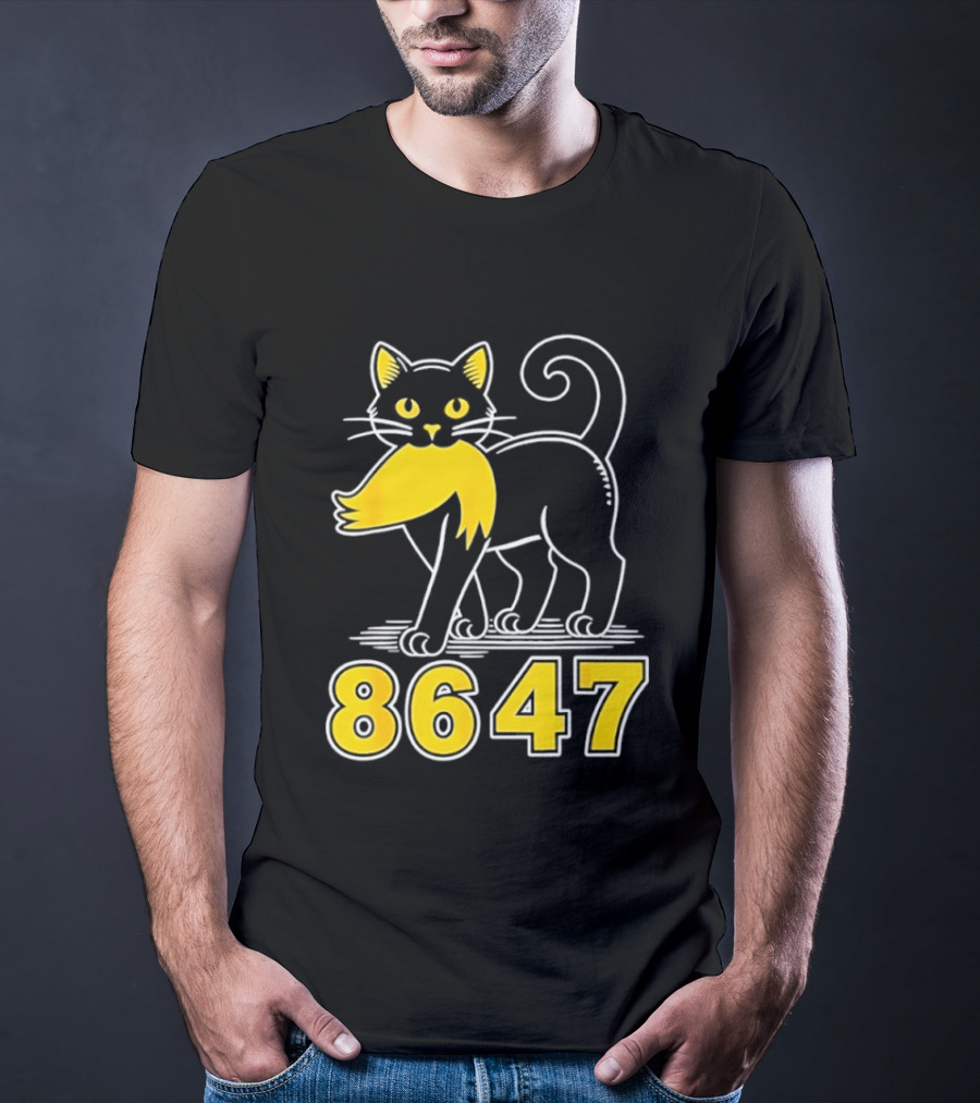 Black Cat 8647 Feline With Yellow Mustache T-Shirt
