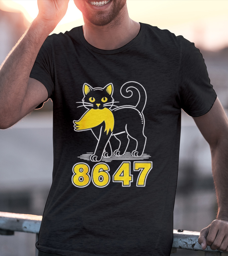 Black Cat 8647 Feline With Yellow Mustache T-Shirt