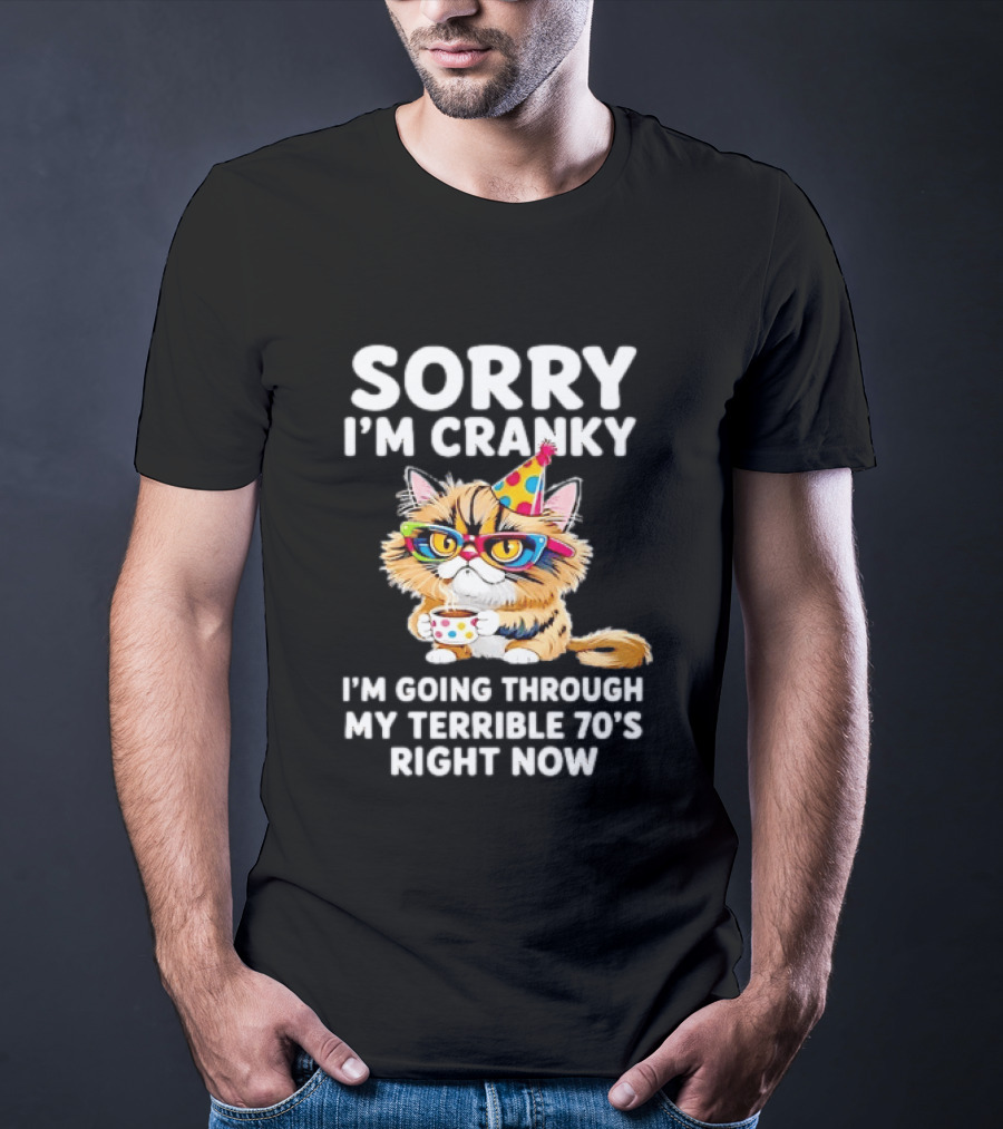 Sorry I'm Cranky Cat Going Through My Terrible 70s Right Now Coffee Party Hat T-Shirt