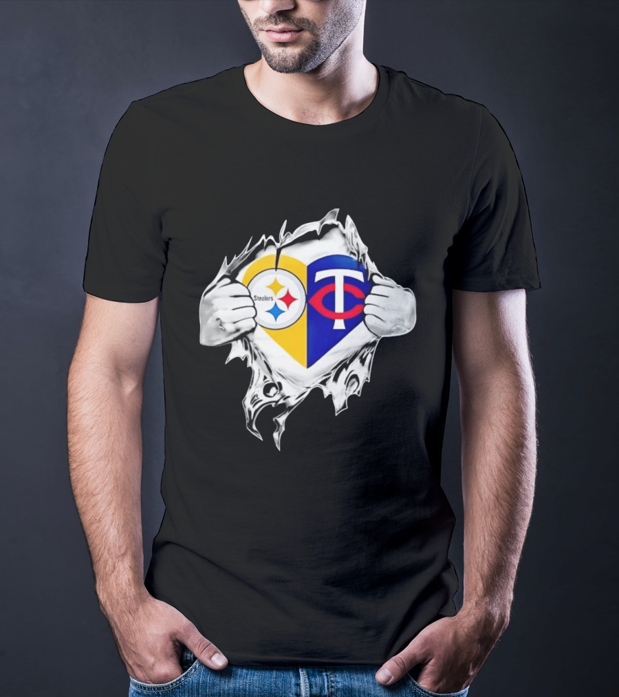 Pittsburgh Steelers Minnesota Twins Heart Superman Chest Rip T-Shirt