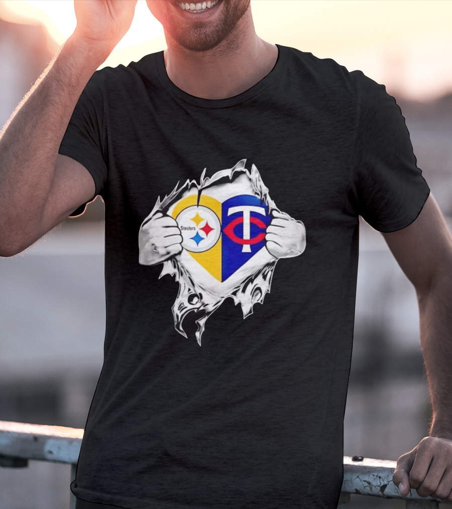 Pittsburgh Steelers Minnesota Twins Heart Superman Chest Rip T-Shirt