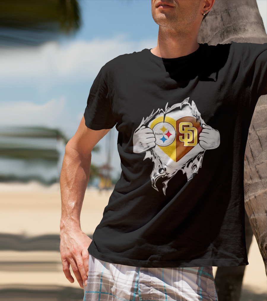 Pittsburgh Steelers San Diego Padres Heart Superman Chest Rip T-Shirt