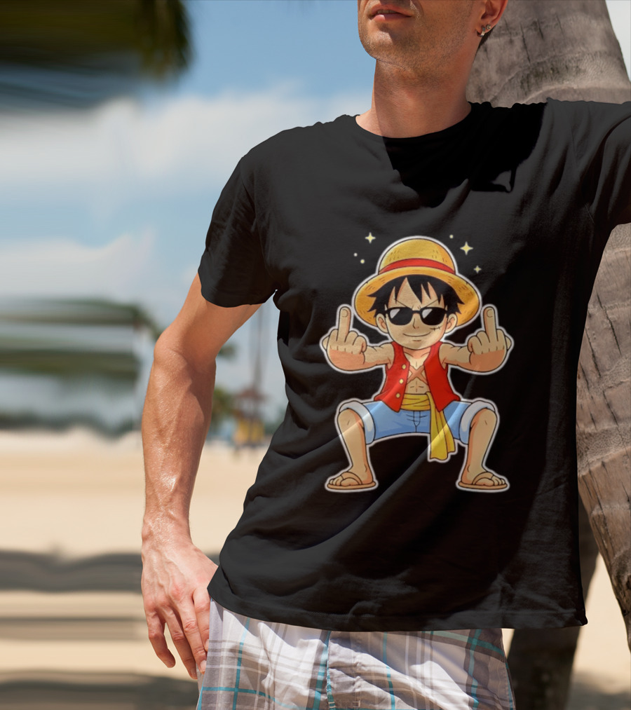 Monkey D Luffy Sunglasses Middle Finger Gesture Anime T-Shirt