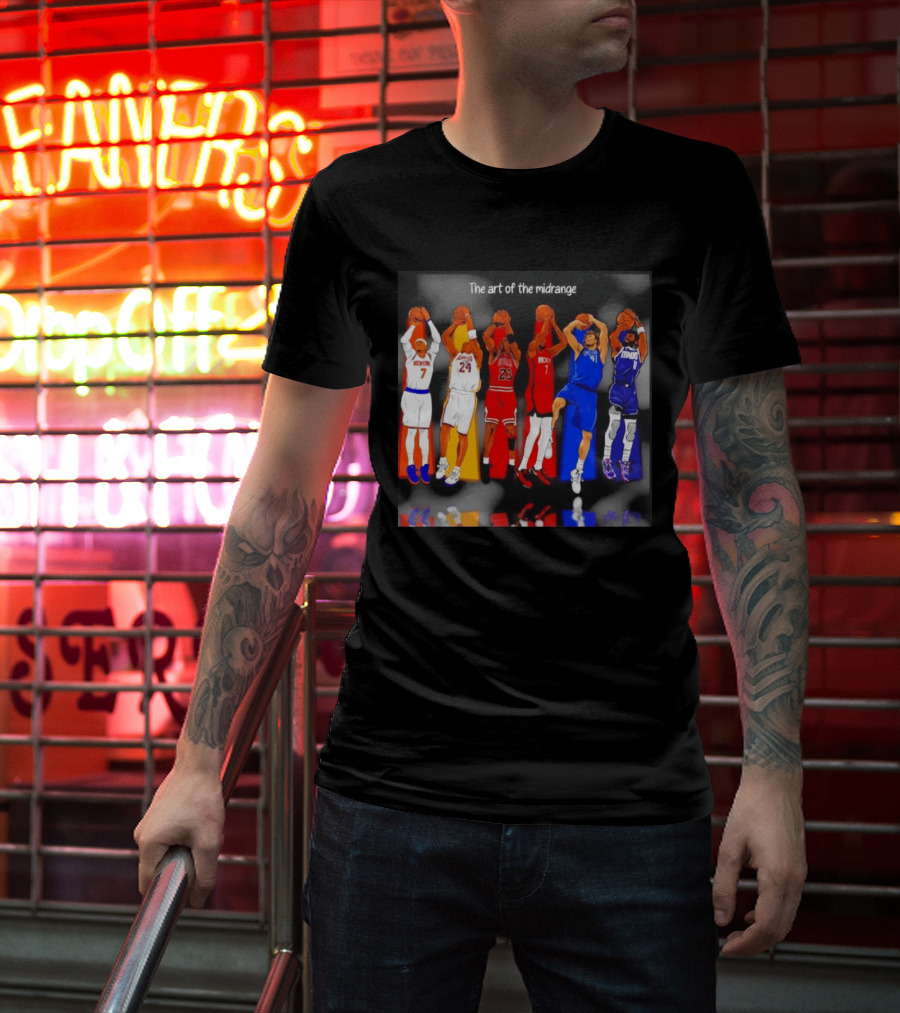 The Art Of The Midrange Basketball Legends Collage Knicks Lakers Bulls Rockets Mavericks T-Shirt