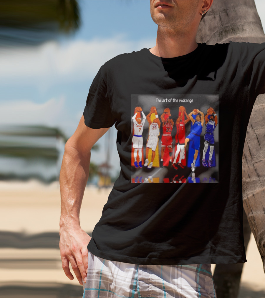The Art Of The Midrange Basketball Legends Collage Knicks Lakers Bulls Rockets Mavericks T-Shirt
