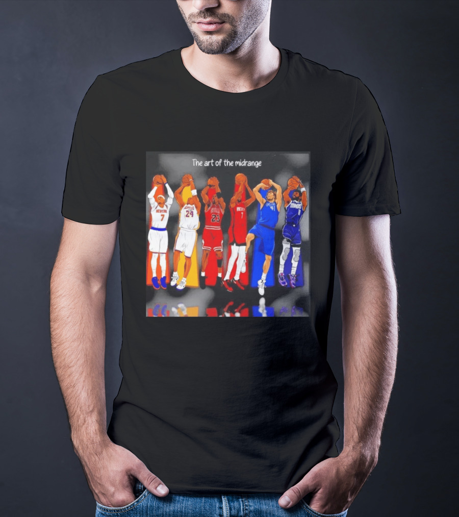The Art Of The Midrange Basketball Legends Collage Knicks Lakers Bulls Rockets Mavericks T-Shirt
