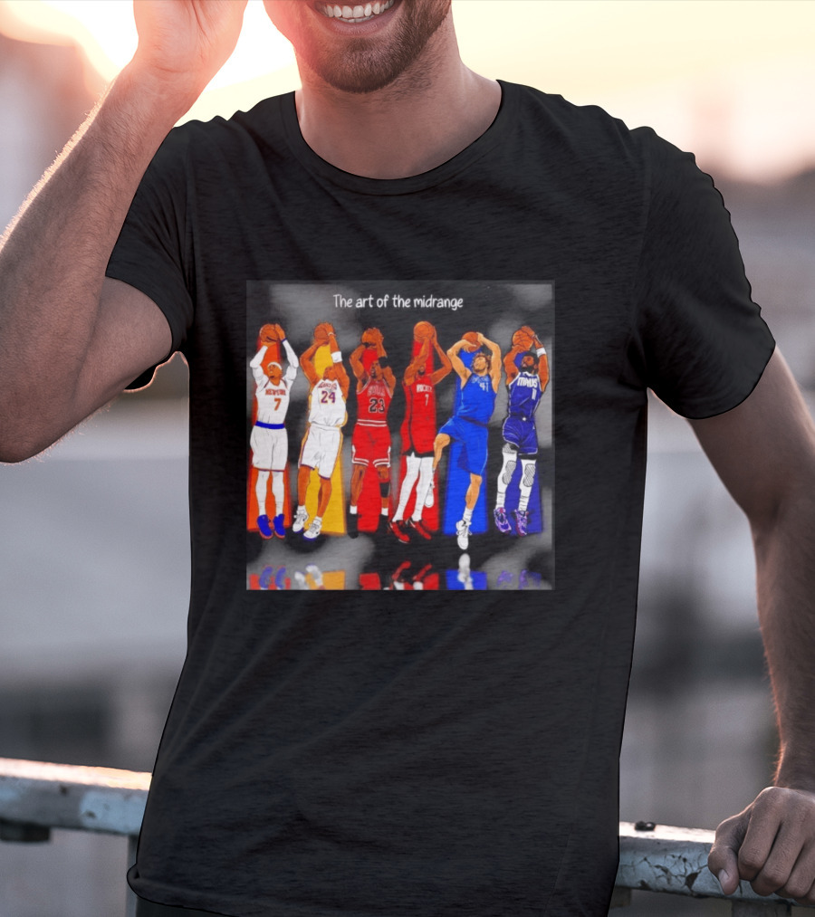 The Art Of The Midrange Basketball Legends Collage Knicks Lakers Bulls Rockets Mavericks T-Shirt