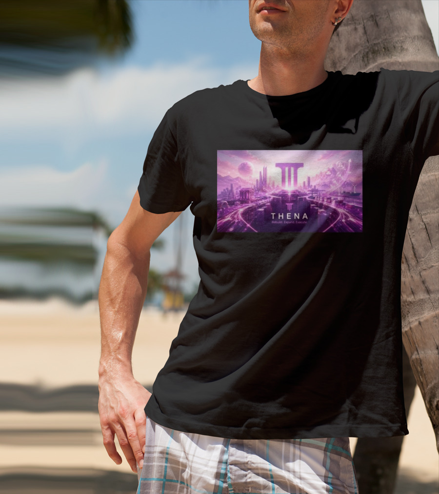Thena Rebuild Expand Execute Futuristic Cityscape With Purple Skyline And Skyscrapers T-Shirt