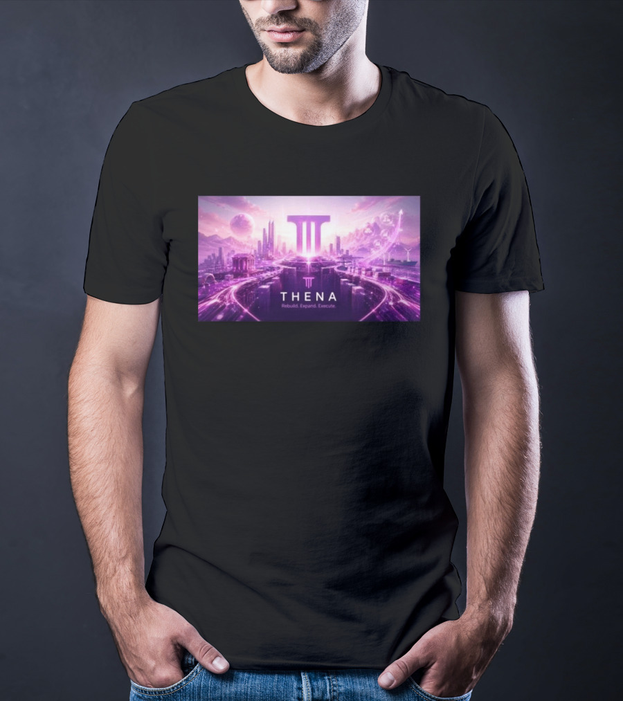 Thena Rebuild Expand Execute Futuristic Cityscape With Purple Skyline And Skyscrapers T-Shirt
