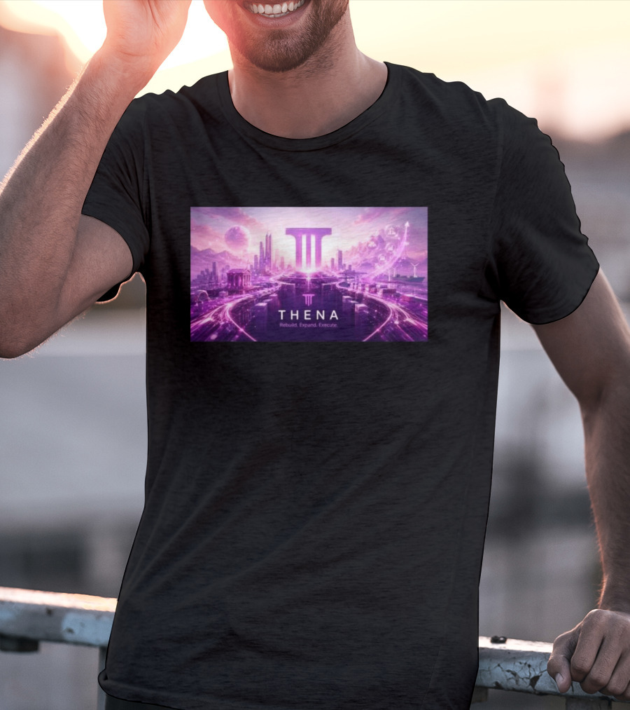 Thena Rebuild Expand Execute Futuristic Cityscape With Purple Skyline And Skyscrapers T-Shirt