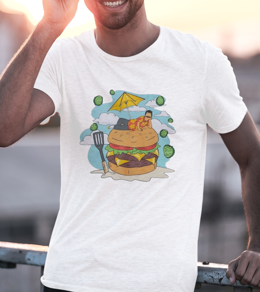Bob Belcher Relaxing On Giant Burger With Lettuce Clouds And Spatula Bob's Burgers T-Shirt