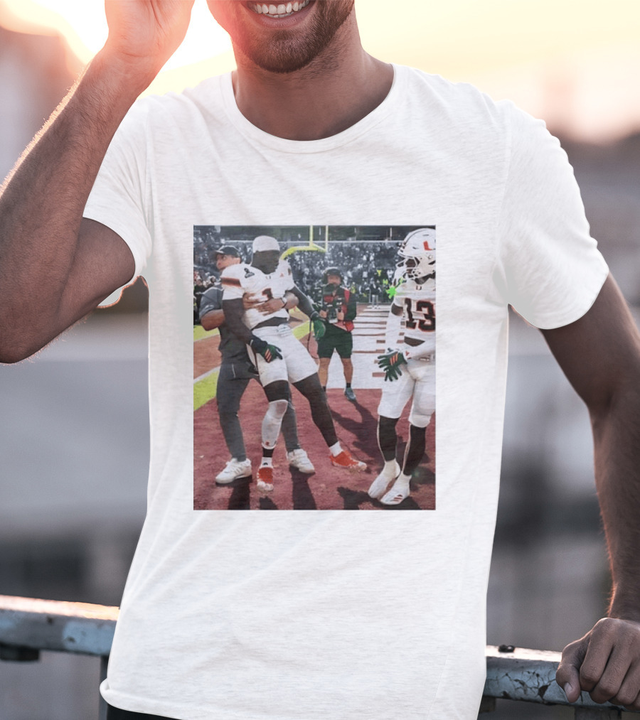 Miami Hurricanes Football Players Number 1 And 13 Celebration On Field T-Shirt