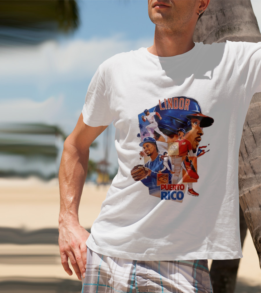 Francisco Lindor Puerto Rico New York Mets Baseball Legend Blue And Orange Helmet Dynamic Action Moves T-Shirt