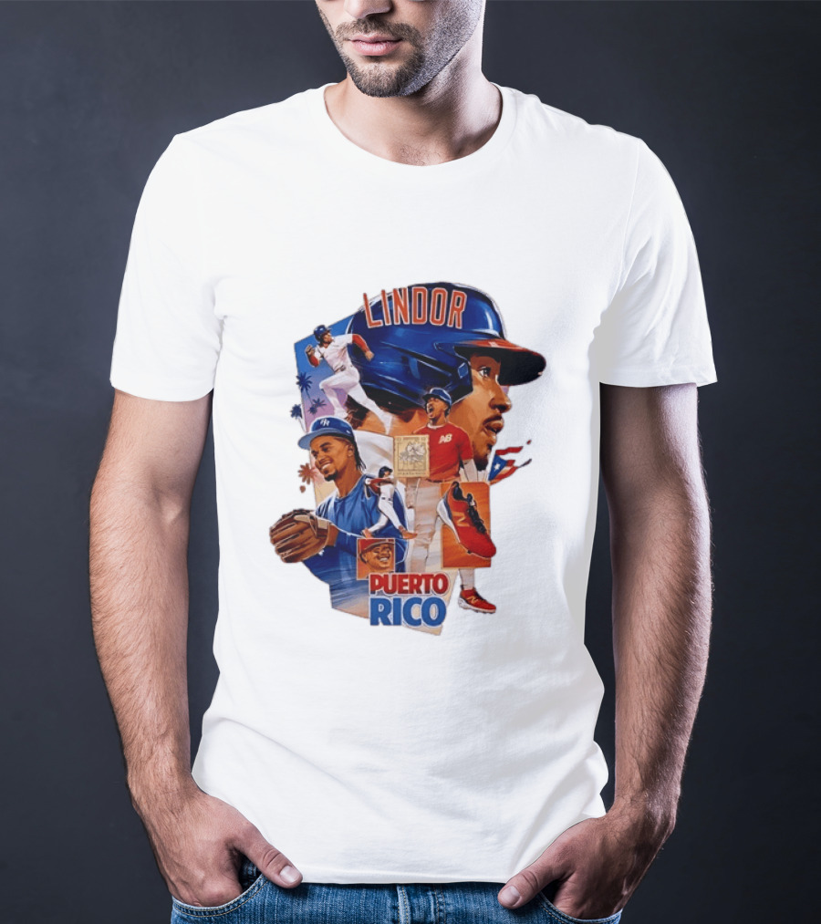 Francisco Lindor Puerto Rico New York Mets Baseball Legend Blue And Orange Helmet Dynamic Action Moves T-Shirt
