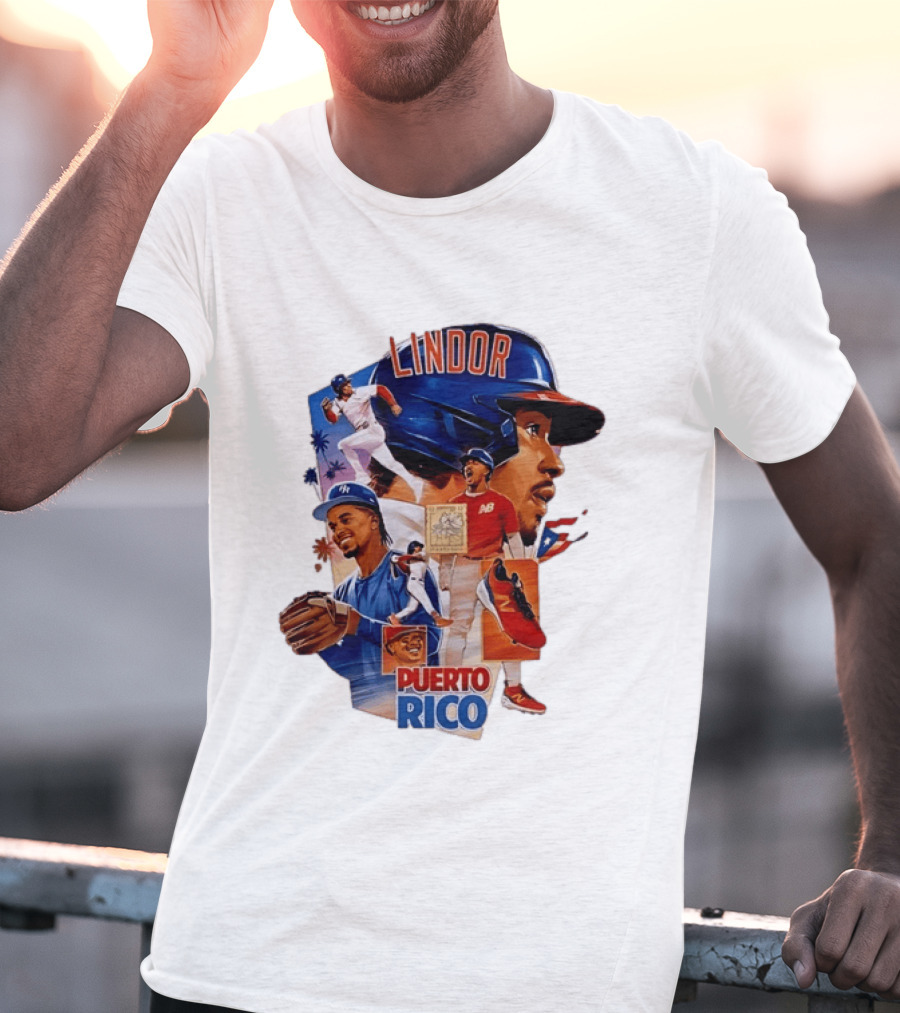 Francisco Lindor Puerto Rico New York Mets Baseball Legend Blue And Orange Helmet Dynamic Action Moves T-Shirt