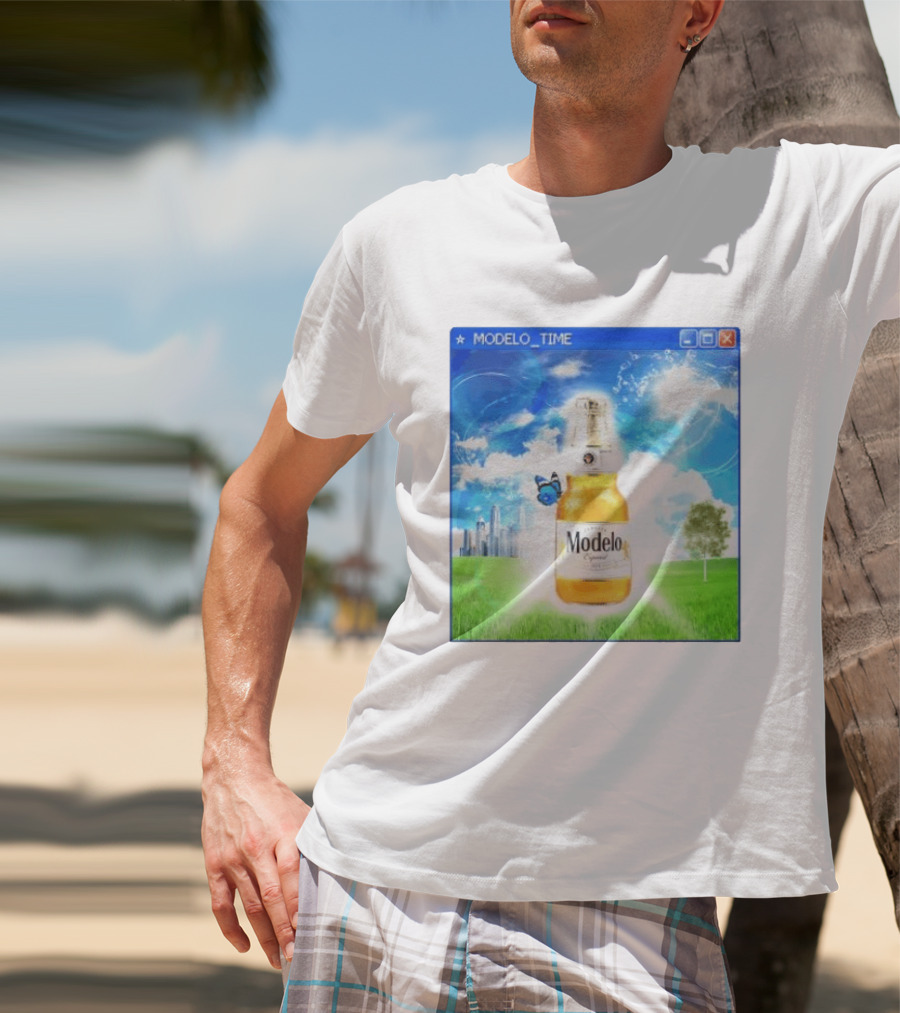 Modelo Time Frutiger Aero Aesthetic Butterfly Bottle Clouds Cityscape T-Shirt