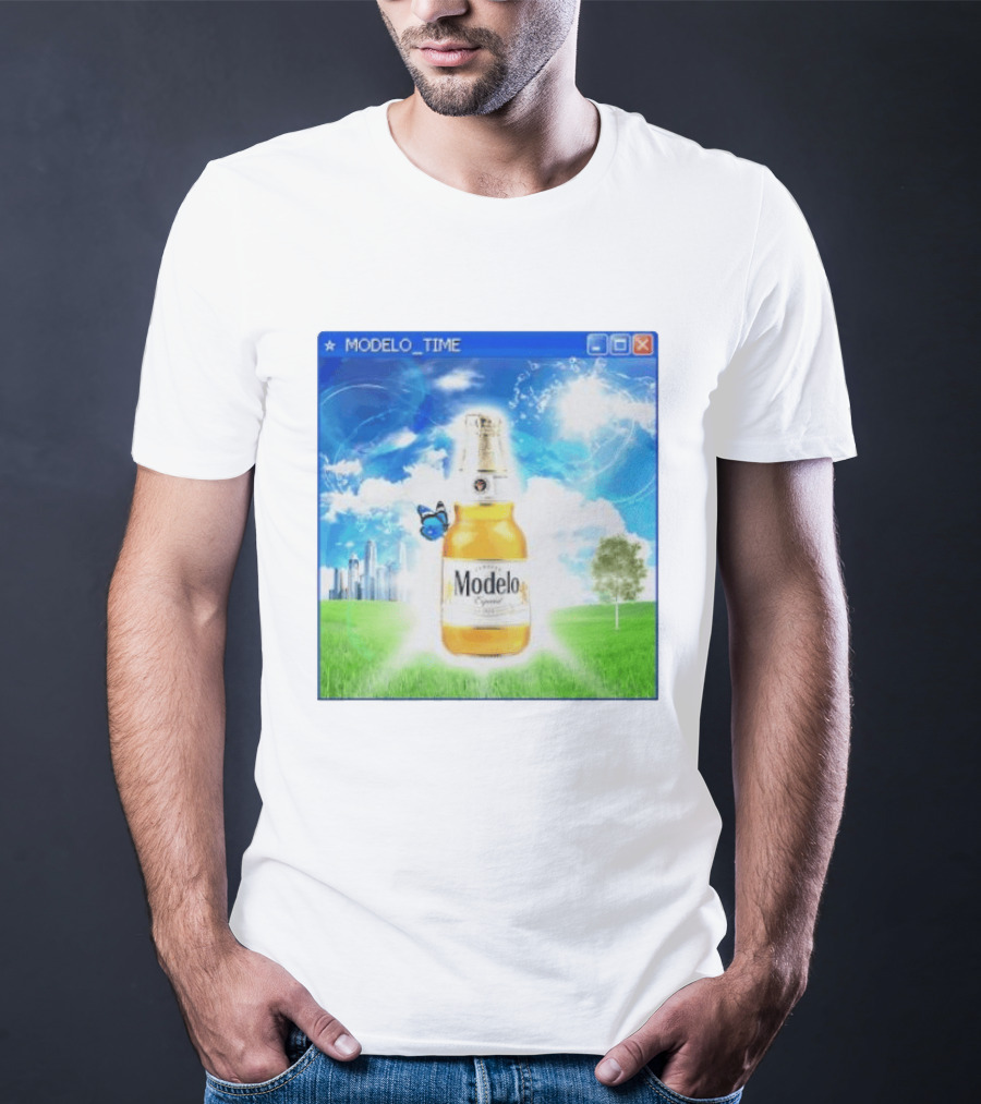 Modelo Time Frutiger Aero Aesthetic Butterfly Bottle Clouds Cityscape T-Shirt