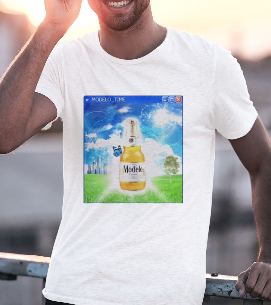 Modelo Time Frutiger Aero Aesthetic Butterfly Bottle Clouds Cityscape T-Shirt