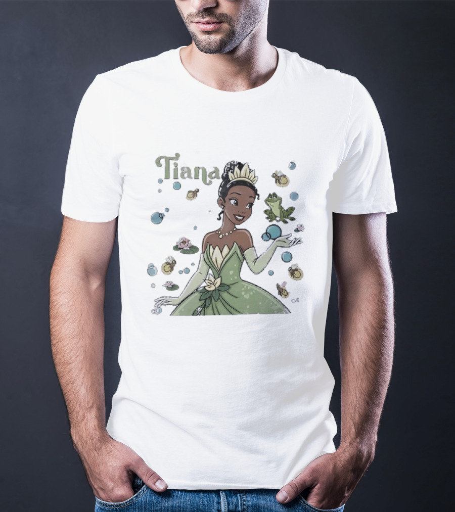 Tiana Disney Princess With Frog Fireflies And Water Lilies T-Shirt