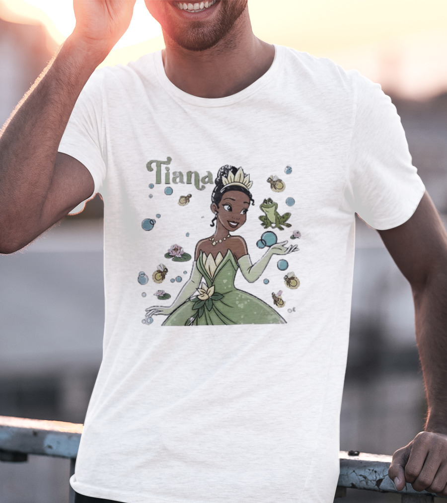 Tiana Disney Princess With Frog Fireflies And Water Lilies T-Shirt
