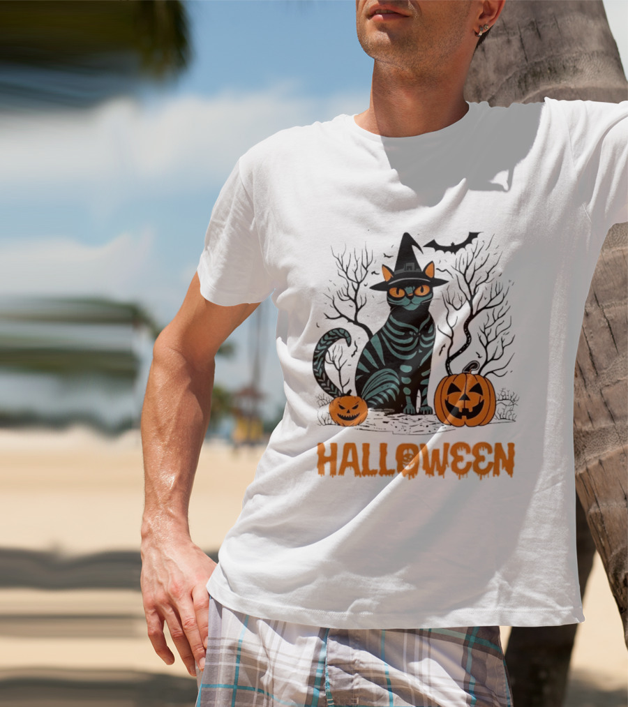 Halloween Skeleton Cat Witch Hat Pumpkins Spooky Forest Scene T-Shirt